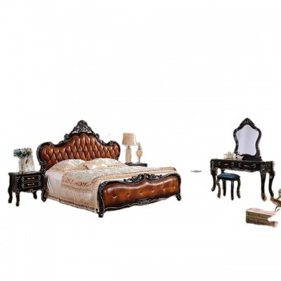 Genuine Leather solid wood bed  european style king bed